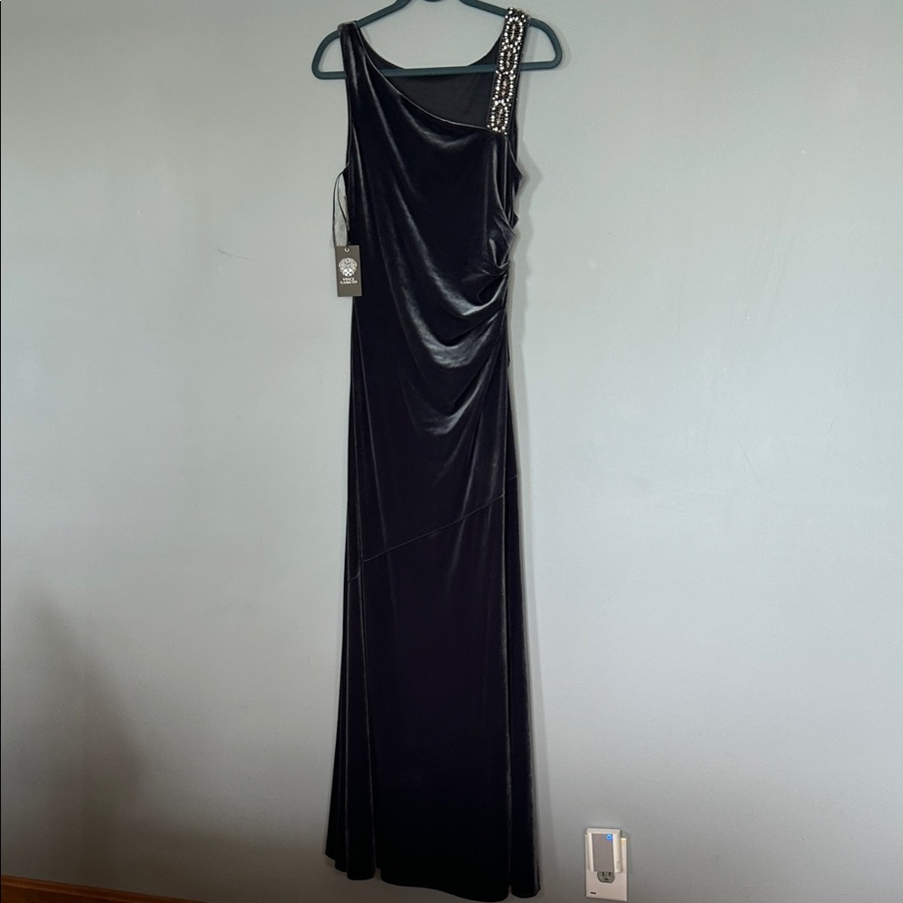 Vince Camuto DarkGray Velvet Maxi Dress with Beaded Strap